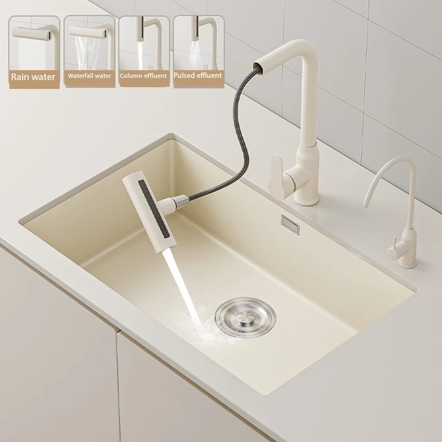 อ่างล้างจานสแตนเลสขนาดใหญ่อ่างล้างจานอ่างล้างจานอ่างล้างจานเดี่ยวขนาดใหญ่พร้อมน้ำตกแบบมัลติฟังก์ชั่นสีขาวนม304 1