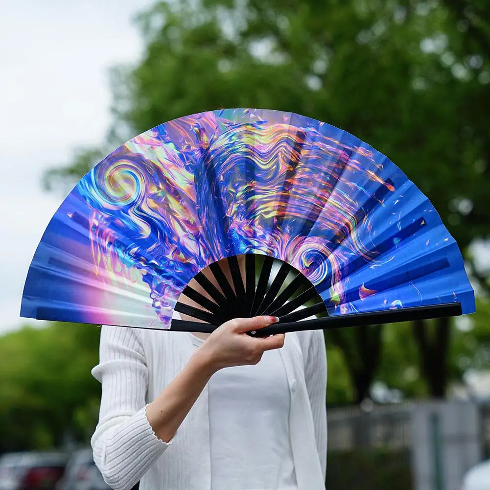 Folding Fan Kung Fu Fan Hand Fan Gradient Reflective Foldable 33cm Large Cloth Dance Photography Fan Props