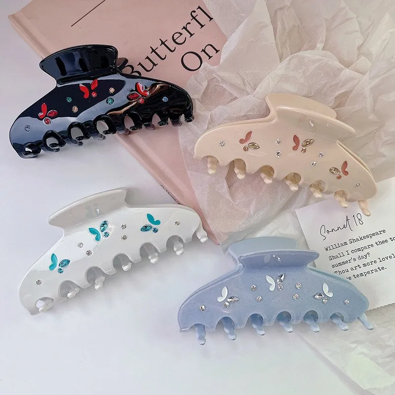 New Water Diamond Butterfly Hair Clip Hair Claw Acetate Claw Clip Colorful Crab Hair Clip Shark Grip Hair Accessories for Women color contrast shark claw clips elegant bow strong grip hair clips hair accessory large hair claw women