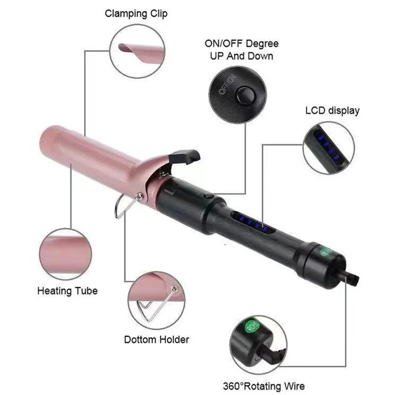 25mm 1 Inch Hair Curling Iron Tourmaline Coating Barrel Curler LCD Display 9 Heat Setting