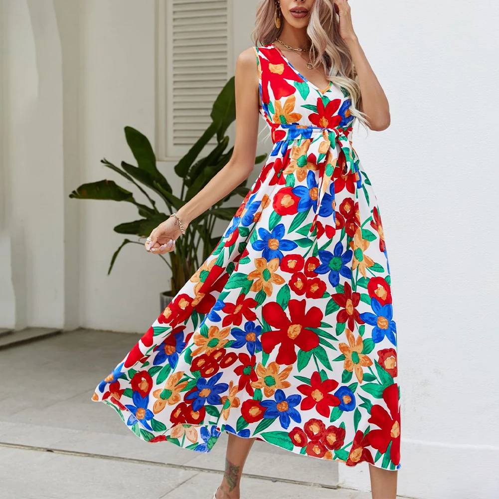 

Bohemian Dress Sun Dress S-XL Sleeveless Summer Tunic V-Neck With Belt Beach Bohemian Casual Colorful Elasticity