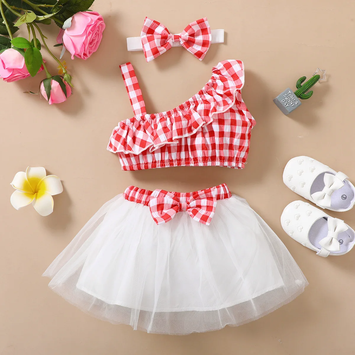 

Baby Girl Clothes Toddler Casual Outfits Infant Plaid One Shoulder Top + Solid Mesh Skirt 2pcs Set Children Summer Clothing Sets