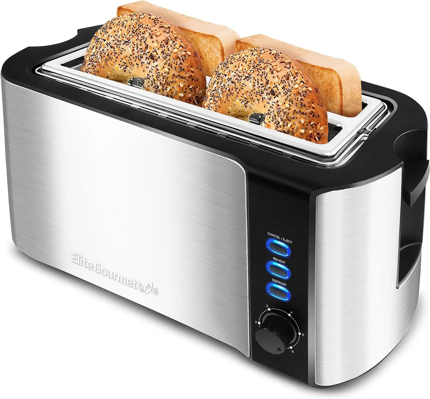 

Elite Gourmet ECT-3100 Long Slot 4 Slice Toaster, Reheat, 6 Toast Settings, Defrost, Cancel Functions, Built-in Warming Rack