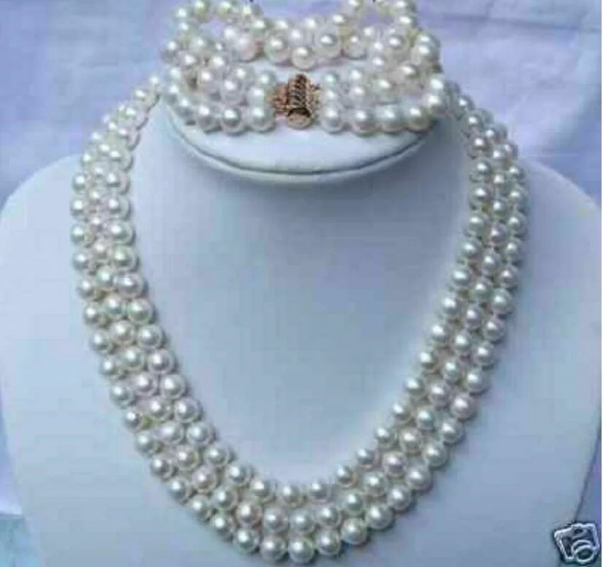 

3 Rows AAA Round Akoya White Pearl Necklace 18 inches+Bracelet 7.5-8 "14K Gold BuckleBuckle