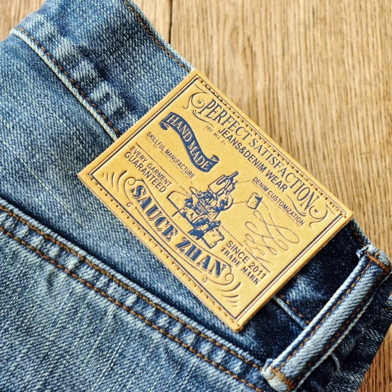 Saucezhan Mens Jeans Distressed  Moustache Effect Wash  Selvedge Denim Jeans  Motorcycle Regular Fit Straight Leg 14 Oz 3