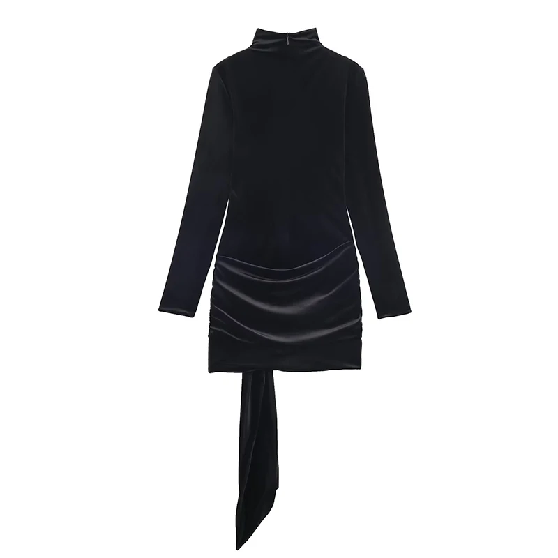 Women Fashion Velvet Elegant Short Dress Autumn New Long Sleeve Belt Stand Collar Slim Mini Dress Female Party Dresses
