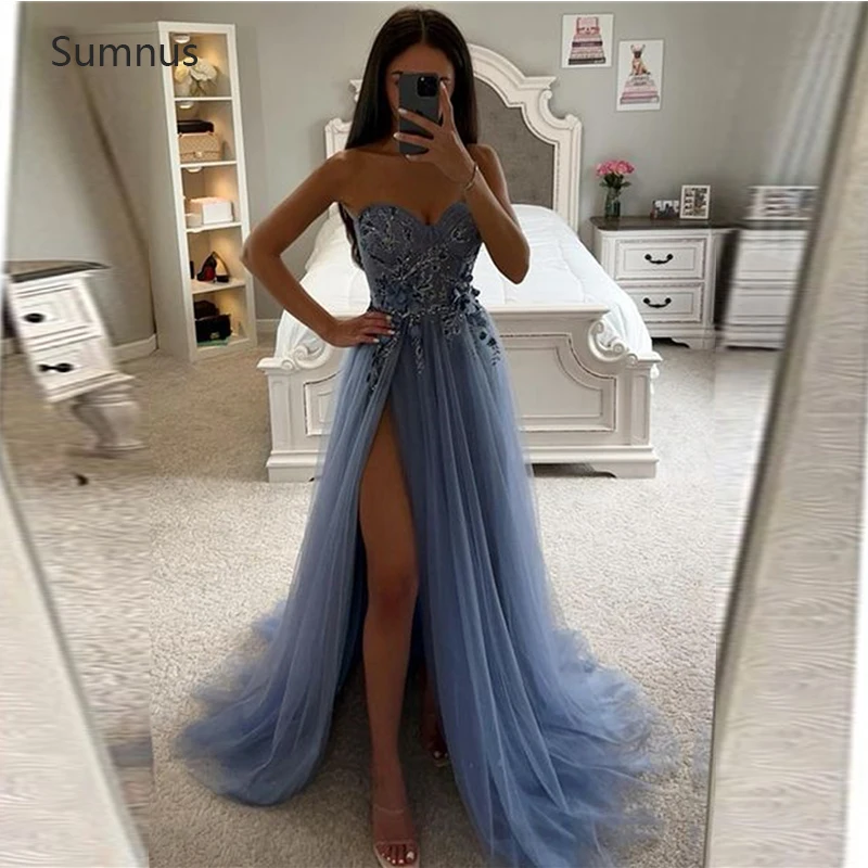 

Sumnus Blue Lace Appliques Prom Dresses 2022 Sweetheart Slit Tulle Floor Length Party Grown Robes De Soirée Evening Dresses