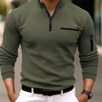 Nueva Camiseta Polo de Manga Larga para Hombre, Estilo Deportivo Retro, Casual, de Lujo Ligero, con Cierre de Cremallera y Rayas, para Actividades al Aire Libre 1