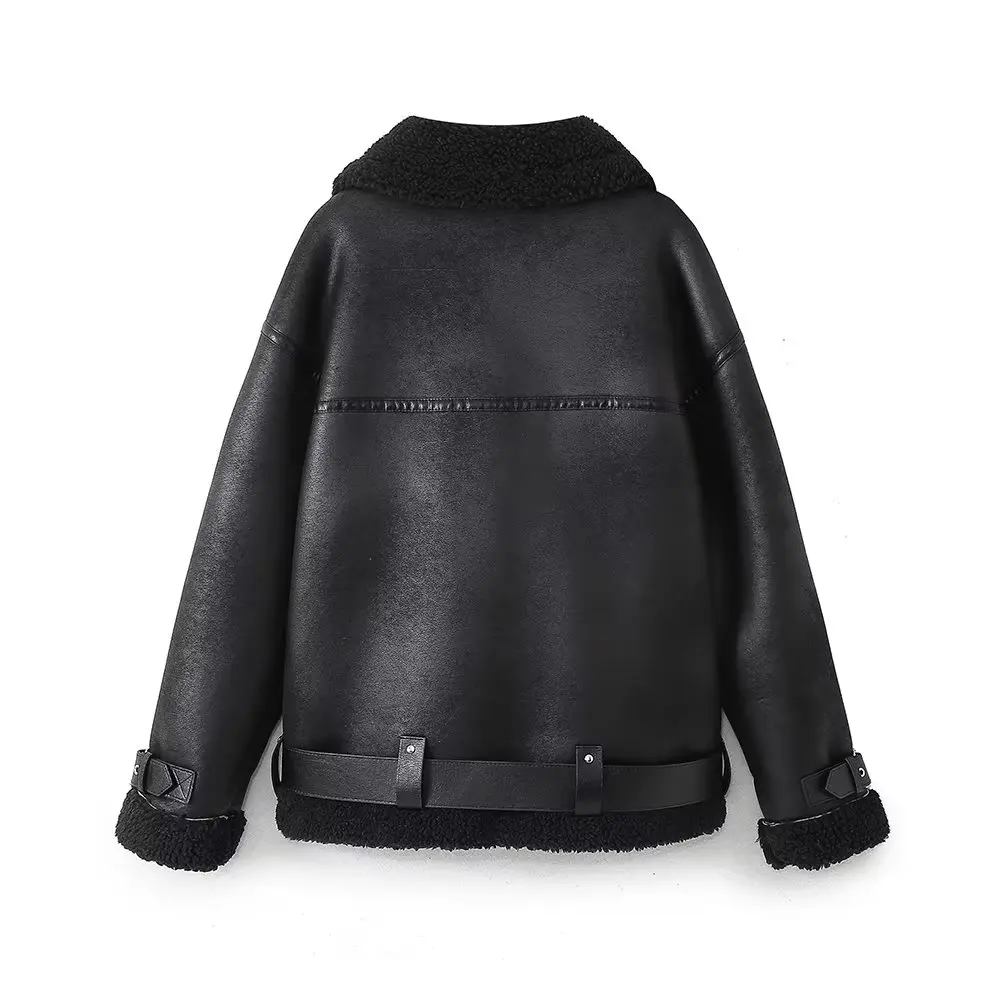 Withered British Plush Winter Warm Jacket Women Vintage Leather Jacket Zippers Coat Tops