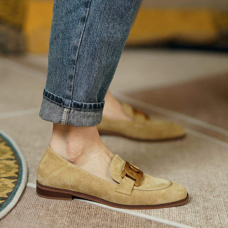 Women Shoes Genuine Leather Flats Loafers Round Toe Sheep Suede Metal Decor Slip-on Footwear Ladies Cozy Casual Shoes casual flats
