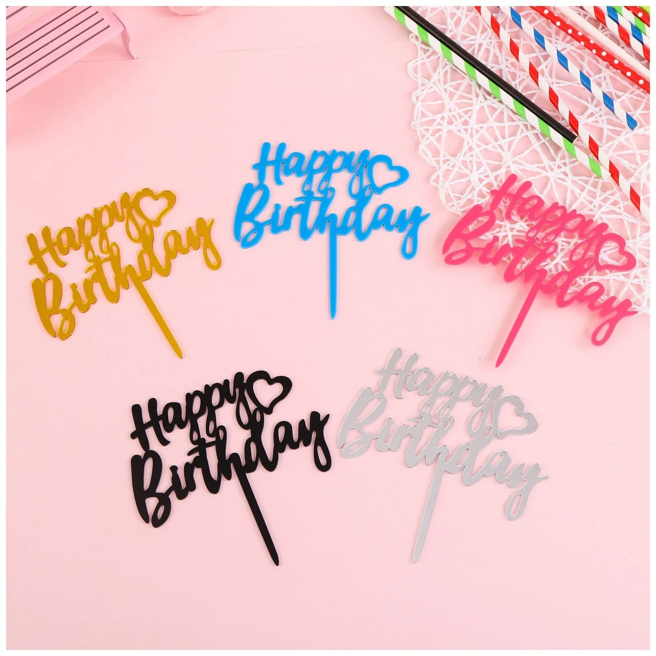 

10 Pcs Cake Topper Gold Silver Acrylic Plate Happy Birthday Cake Decoration Flag Baked Dessert Baby Shower Accessories Tools