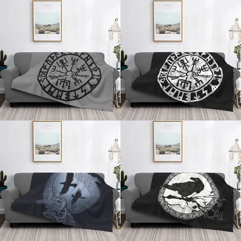 

Vegvisir Futhark Runes Blanket Warm Fleece Soft Flannel Valhalla Viking Compass Throw Blankets for Bed Couch Office Spring