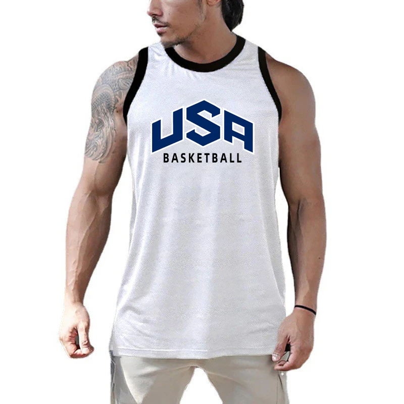 

Usa Basketball Letter Logo Print Men Casual Sleeveless Fitness T-Shirt Gym Bodybuilding Mesh Breathable Cool Quick Dry Tank Tops