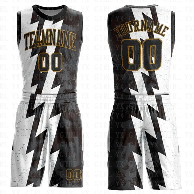 Custom White Black-Old Gold Round Neck Sublimation Basketball Suit Jersey 3D Printed Tank Tops And Shorts Personlized Team