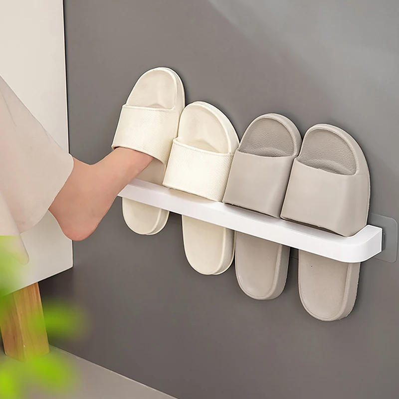 Bathroom Slipper Shelf Punch Free Wall Mounted Shoes Hanger Rack Towel Storage Shelf Space Saving Shelves Bathroom Accessories 2