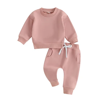 Completo da 2 pezzi per neonato, felpa a maniche lunghe tinta unita e pantaloni elastici, set per vestiti autunnali per neonati