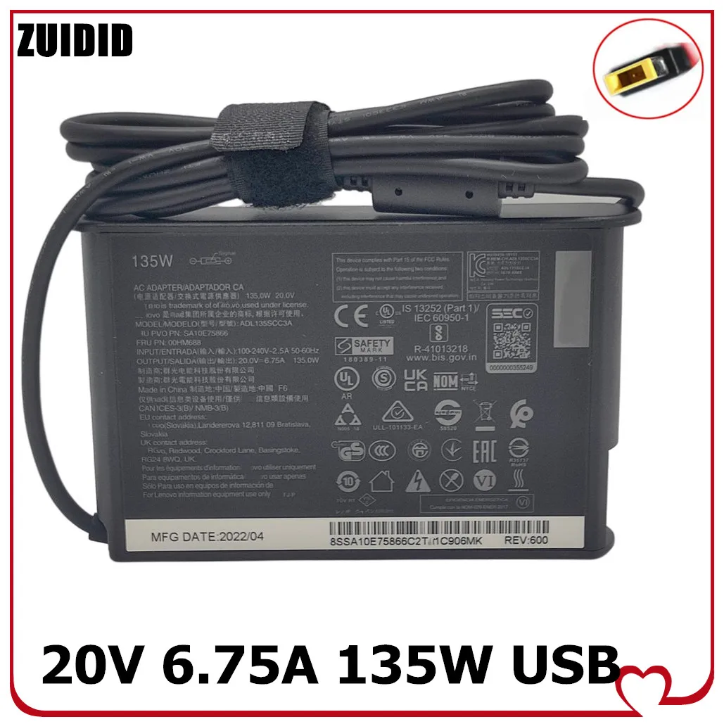 Laptop Adapter 135W 20V 6.75A USB C Notebook Charger for Lenovo T440p  Y50-70 R720 ADL135NLC3A 135W 20V 6.75A電源 ACアダプター For Lenovo ThinkPad R720 Y700