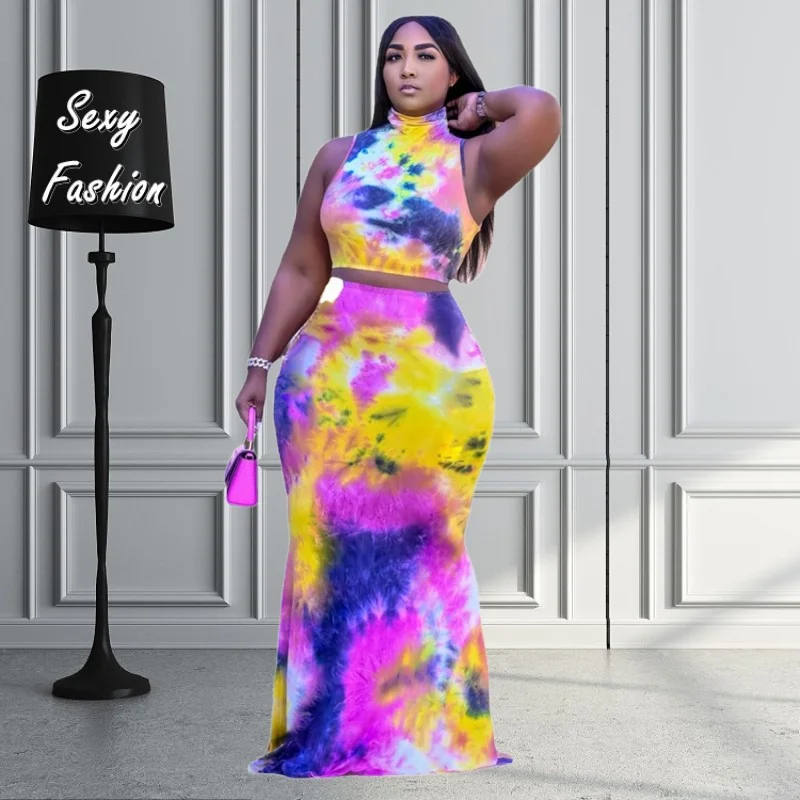 

WSFEC XL-5XL Plus Size Women Clothing Two Piece Sets 2023 Spring Summer Fashion Tie Dye Bodycon Sexy Skirt Suits African Outfits