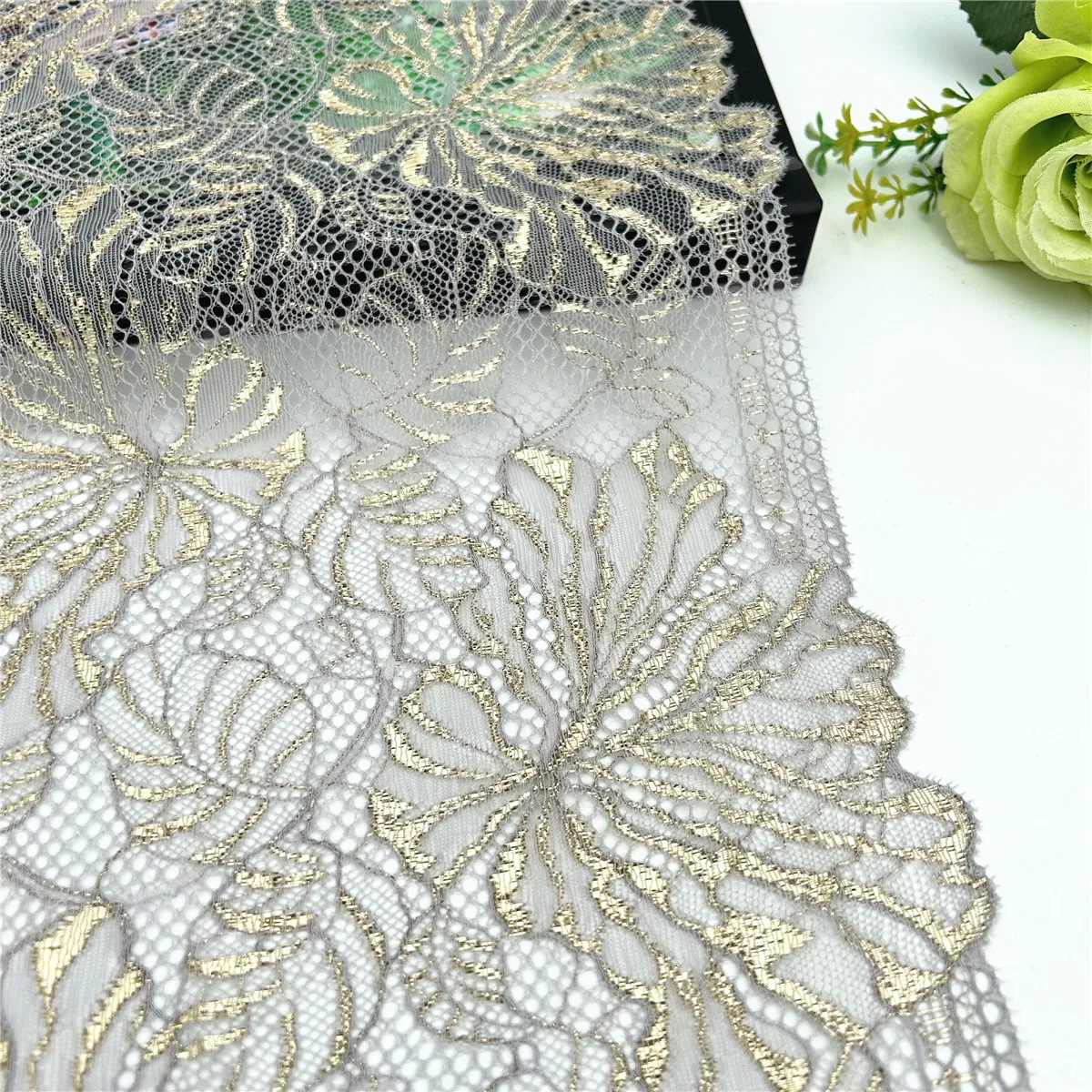 3y/lot Width 22.50cm Light Grey Golden Elastic Stretch Lace Trim 2