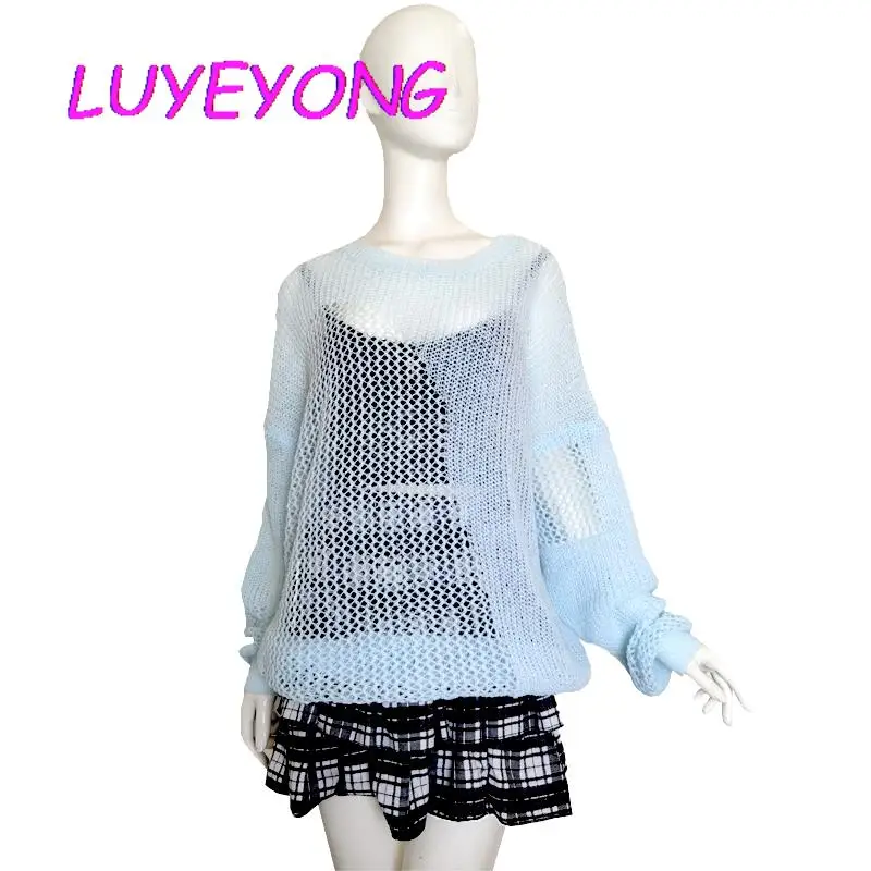 

Korean Lantern Sleeve O Neck Knitwear Y2k Girl Transparent Sexy Sweet Loose Sweaters Light Blue Lady Thin Hollow Pull Sweater