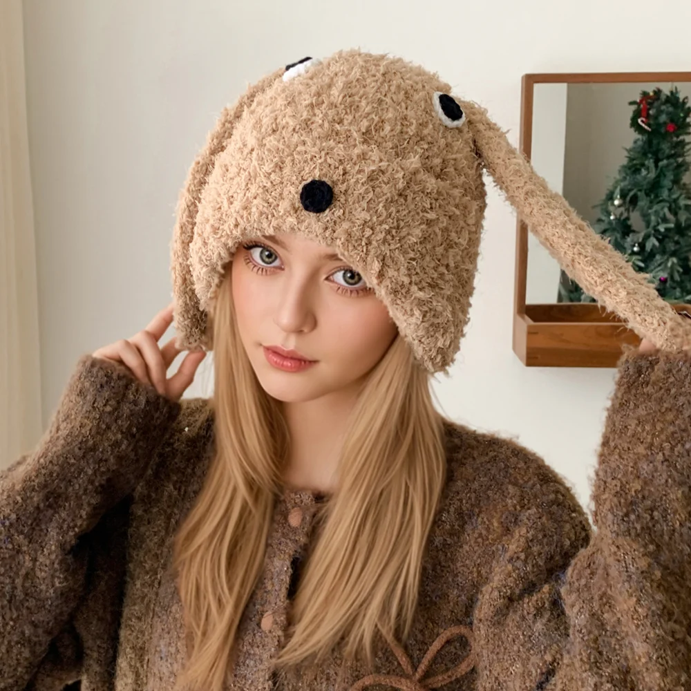 Hot Sale Women Cute Long Ear Plush Fur Warm Winter Hat Trendy Knitted Hat With Earflap Girls Lovely Fashion Hat Dandy Cap