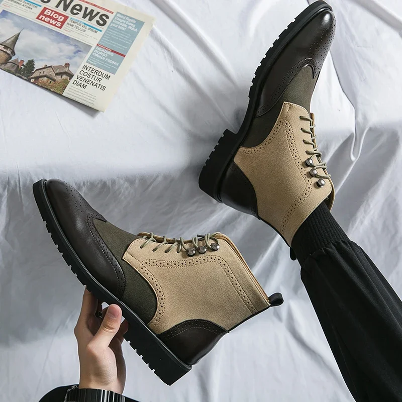 

Ботильоны мужские коричневые деловые с круглым носком, на шнуровке, мужские ботинки из искусственной кожи, размеры 38-46, мужская обувь