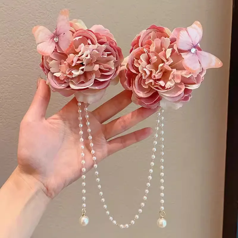 Baby Girls Cute Mermaid Princess Pearl Tassel Bow Forehead Chain Hair Clip