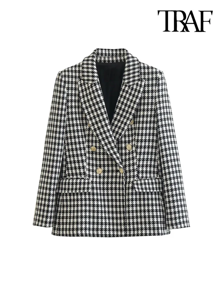 

TRAF Women Fashion Double Breasted Houndstooth Blazer Coat Vintage Long Sleeve Flap Pockets Female Outerwear Chic Vestes