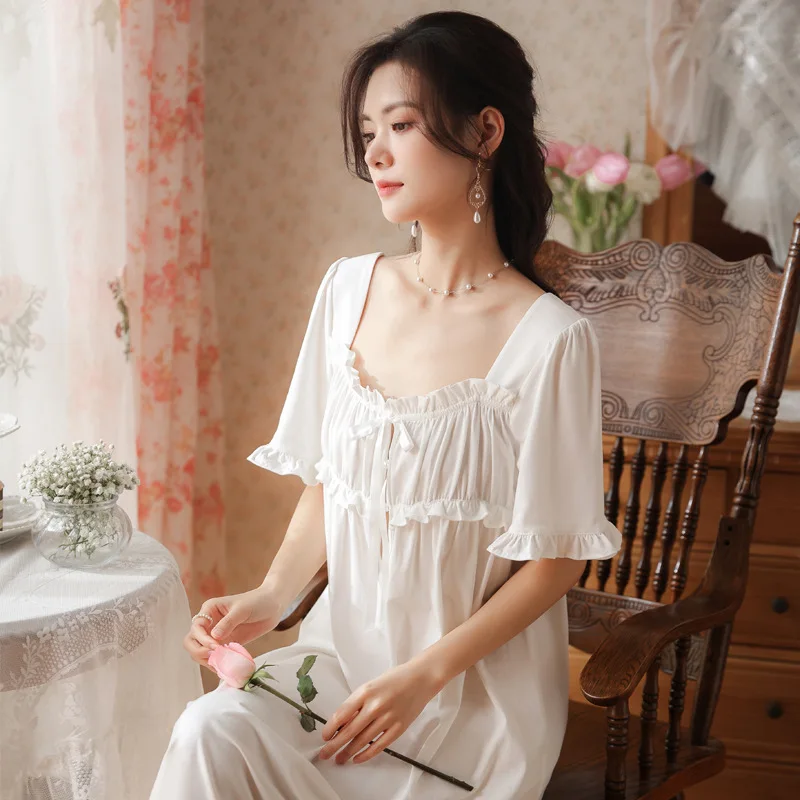 Victorian Cotton Short Sleeve Night Dress Women Summer Vintage Nightgowns  White Ruffles Nightdress Peignoir Princess Sleepwear - Nightgowns u0026  Sleepshirts - AliExpress