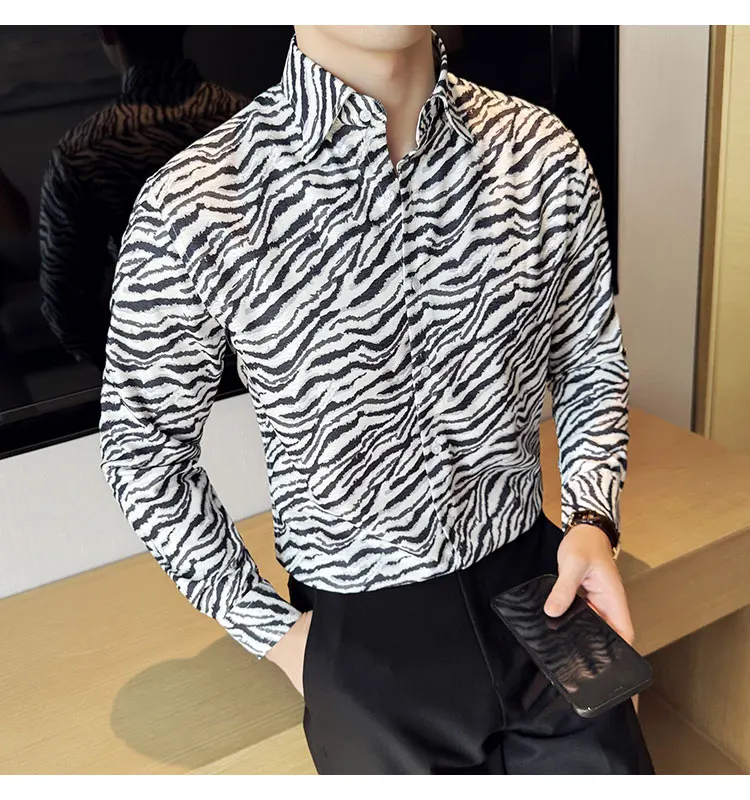 Zebra Striped Shirt for Men Long Sleeve Casual Shirts Men's