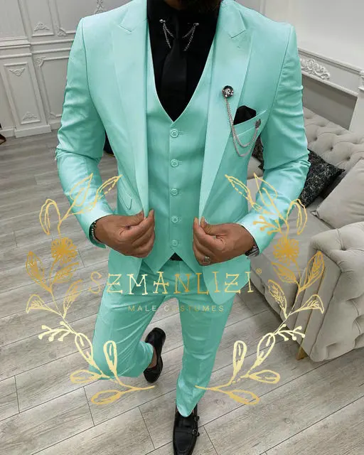 

Мятно-зеленый мужской свадебный смокинговый костюм, облегающий костюм для жениха из 3 предметов, мужской костюм для жениха, мужской деловой костюм, куртка + жилет + брюки