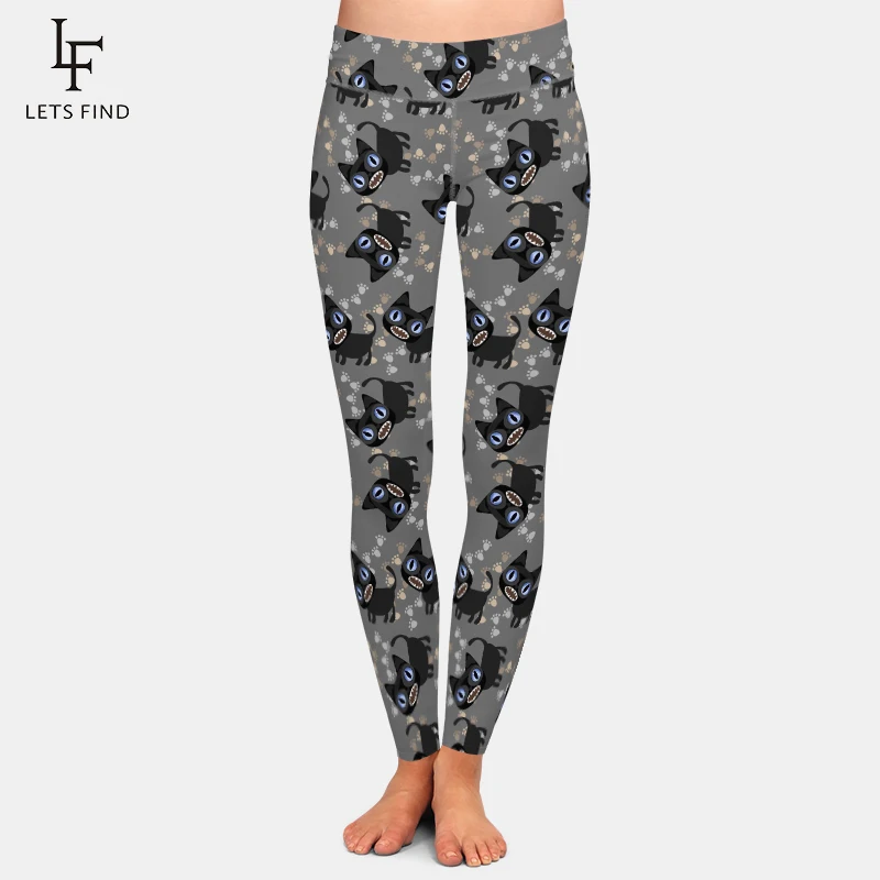 

LETSFIND High Quaility Women Casual Slim Leggings 3D Black Cat and Footprints Print High Waist Women's Leggings