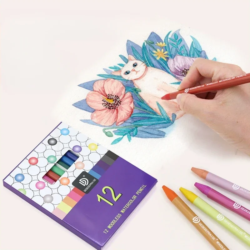 12 Color Wood Free Watercolor Stick Water-soluble Full Core Color Pencil No Sharpening Graffiti Watercolor Brush Art Supplies