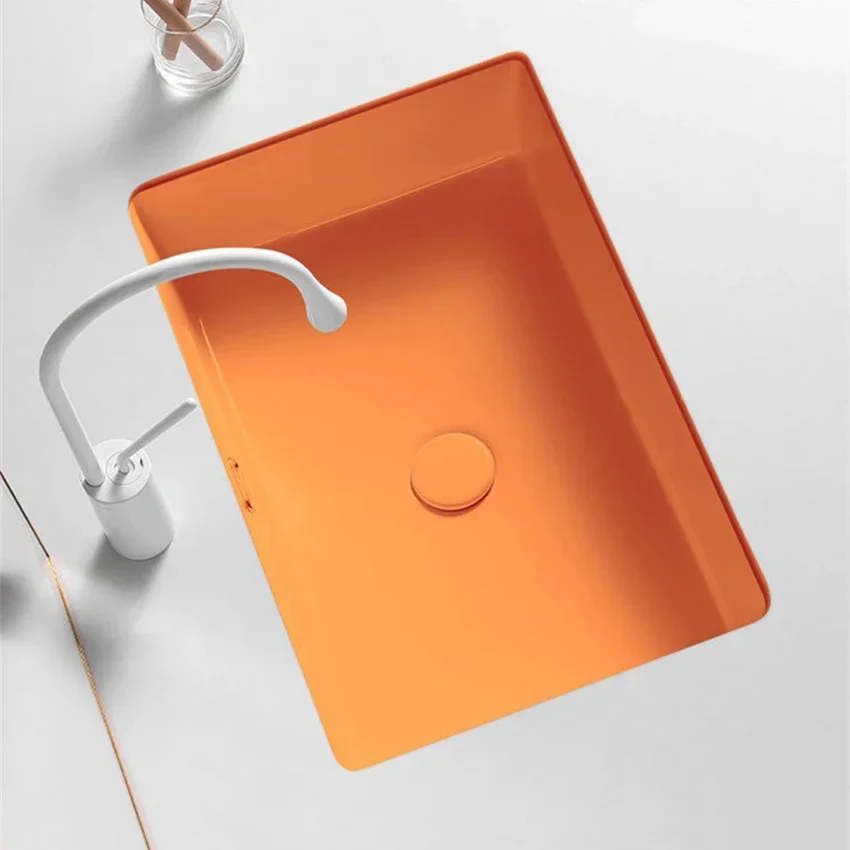 Orange Flat Bottomed Square Bottom Basin Embedded Sink Simple Modern Colored Ceramic Single Basin Household Balcony Washbasin