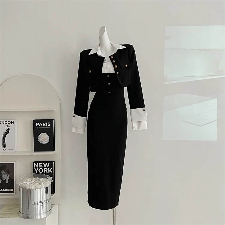 Y2K 3-piece Set Women Crop Coat Blazer White Shirt Halter Sleeveless Bodycon Midi Dress Autumn New Female Korean Chic Outfits