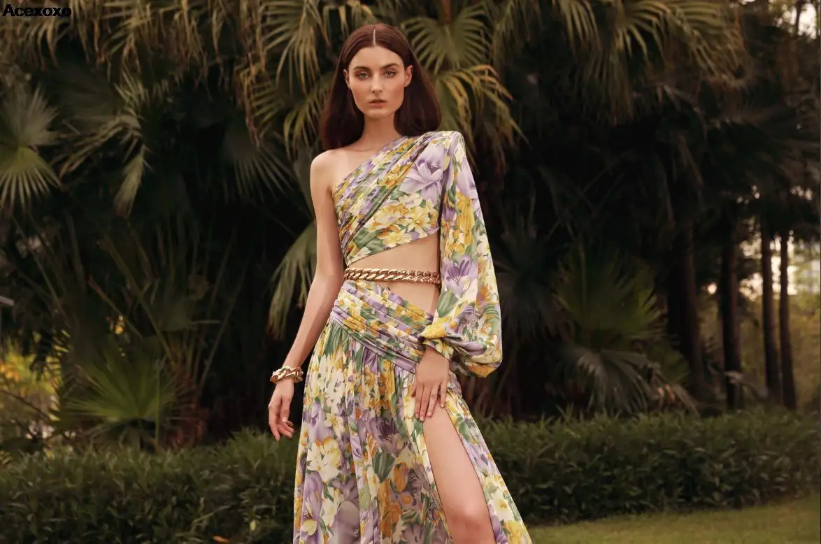 

Summer new women's fashion casual sexy oblique shoulder long sleeve print slim slit dress