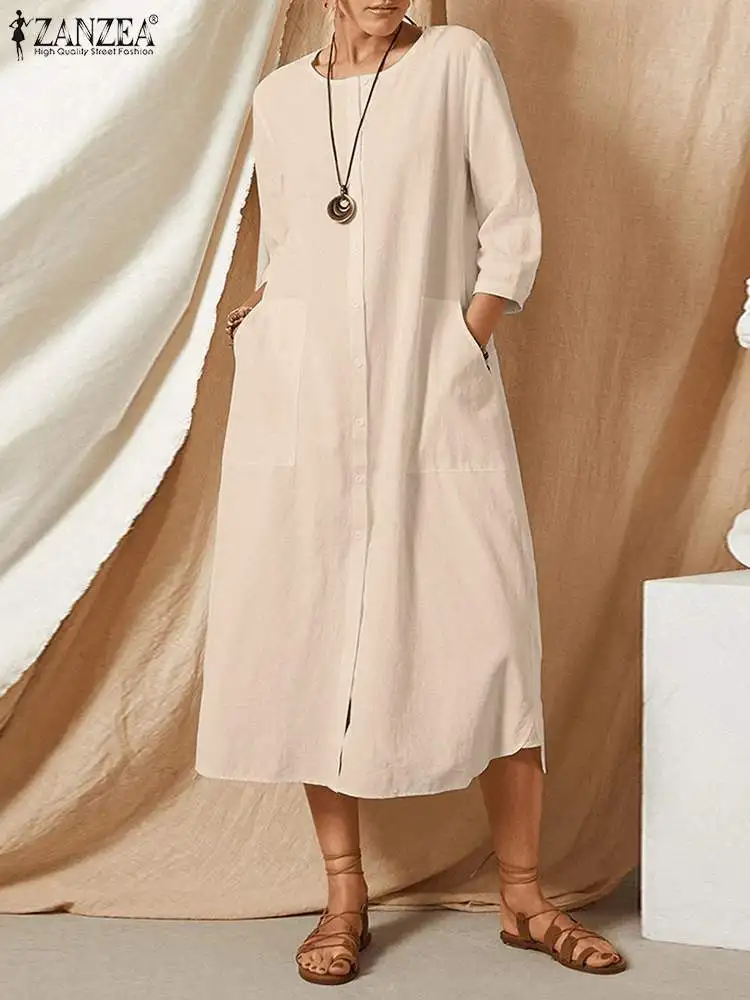 

ZANZEA 2023 Cotton Women Vintage Dress Solid Round Neck 3/4 Sleeve Vestidos Autumn Elegant Loose Dress Holiday Pocket Midi Rode