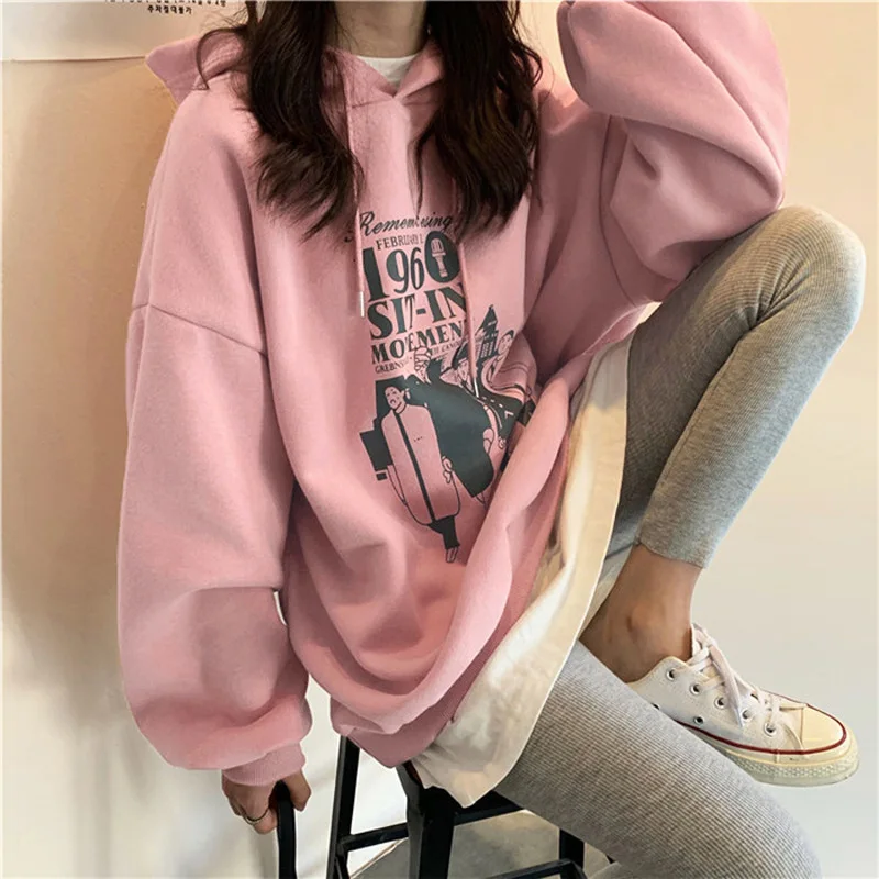 

Winter Hooded Sweatshirts Women's Pink Loose Bf Idle Style Student Velvet Padded Thickened Coat Women's Top Sweatshirts Pullover