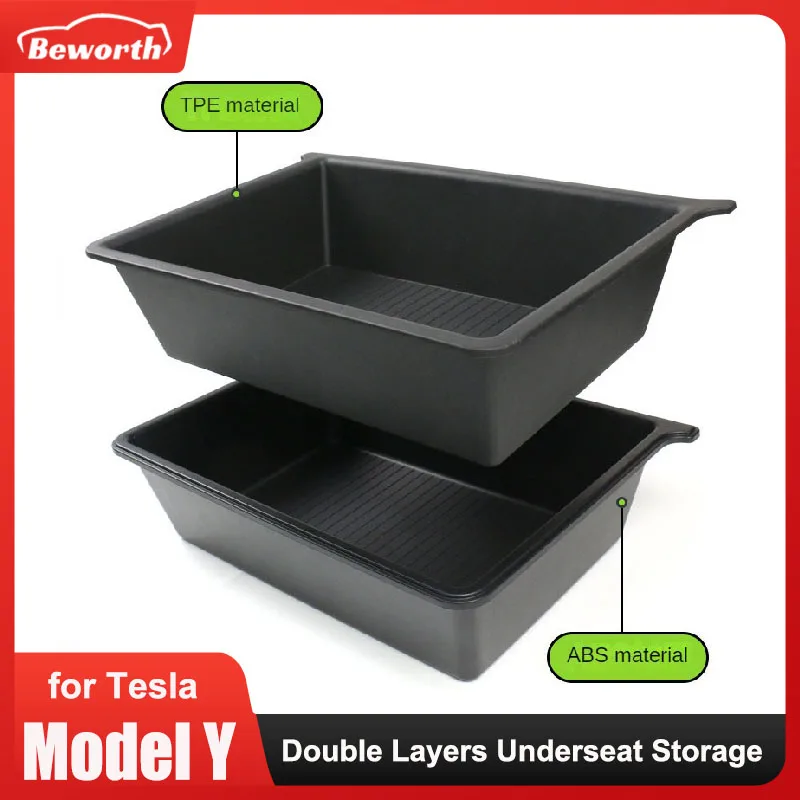 

Car Under Seat Storage Box For Tesla Model Y High Capacity Organizer Case TPE + ABS Double Layer Underseat Bins Bag Trash Tray