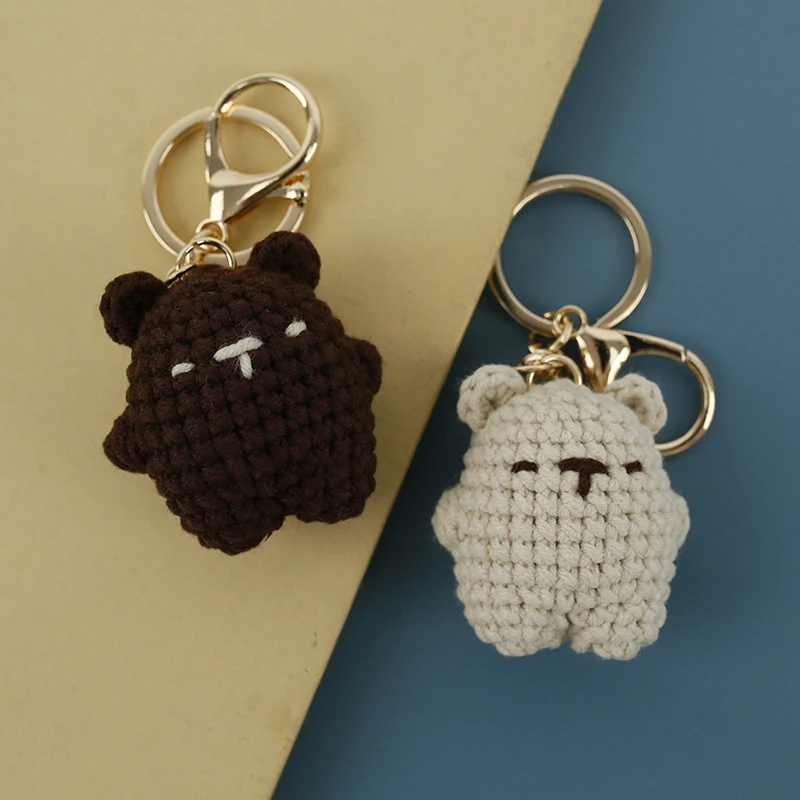 

Cute Small Bear Couple Keychains Unique Knitting Cartoon Bear Doll Keyrings Keys Accessories Kawaii Bag Pendant Crochet Keychain