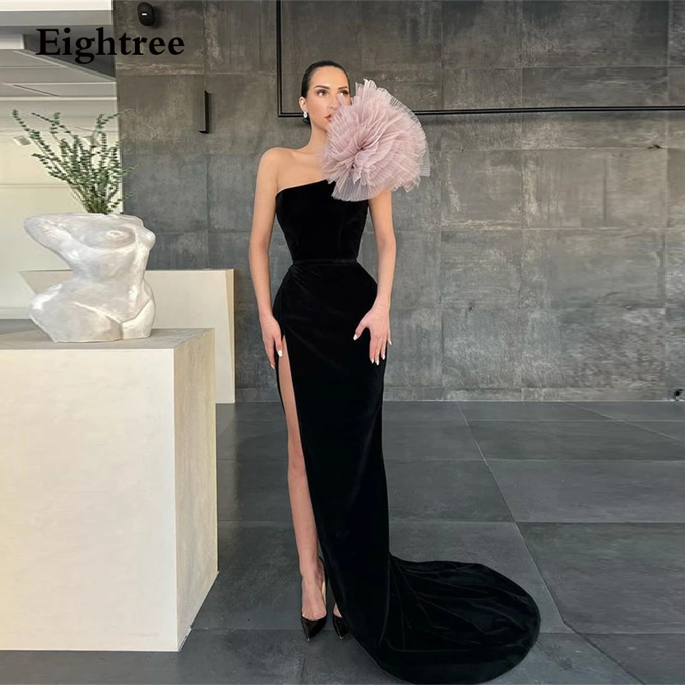 green evening gown Eightree Black Velour Mermaid Long Side Slit Evening Dresses Prom Dress One Shoulder Pink Flower Formal Party Gowns Graduation green evening dress