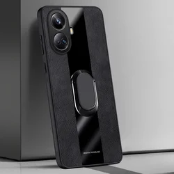 Luxurious PU Leather Magnetic Ring Holder Phone Case - Elegant Silicone Cover for Realme 10 Pro Plus (Black)