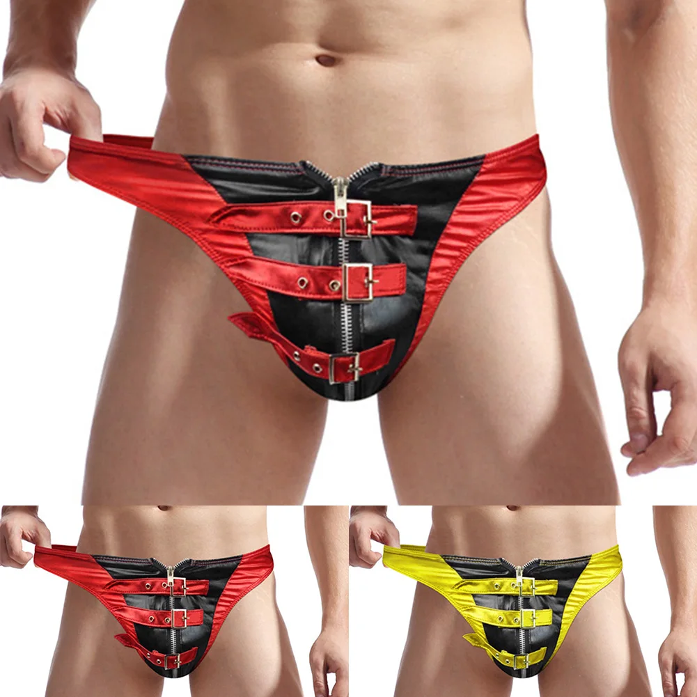 

Sexy Mens Lingerie Synthetic Leather Pouch Briefs Oil Shiny Hight Cut Thongs T-back Low Waist G-Strings Elasticity Underwear