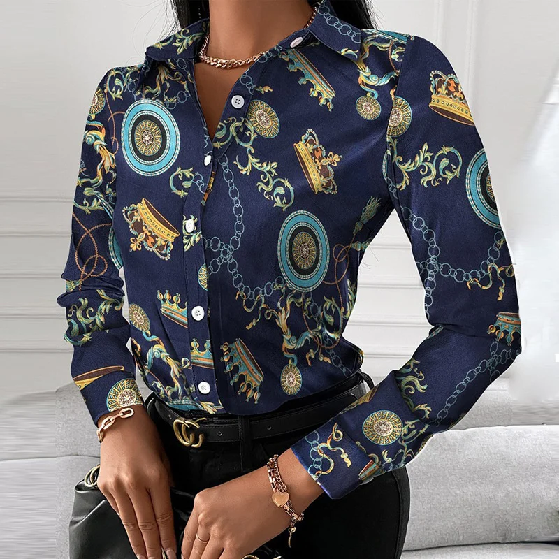 Women's Vintage Print Button Up Long Sleeve Shirt Harajuk Blouse Office Tops Casual Chic Shirts Y2k Tops Free Shipping women floral print ruffle neck contrast lace sleeve top sexy blouse fashion cold shoulder casual shirts summer free shipping