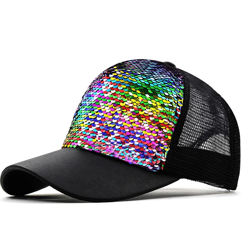 

Rainbow Sequins Paillette Bling Shinning Mesh Baseball Cap Striking Pretty Adjustable Women Girls Hats For Party Club Gathering