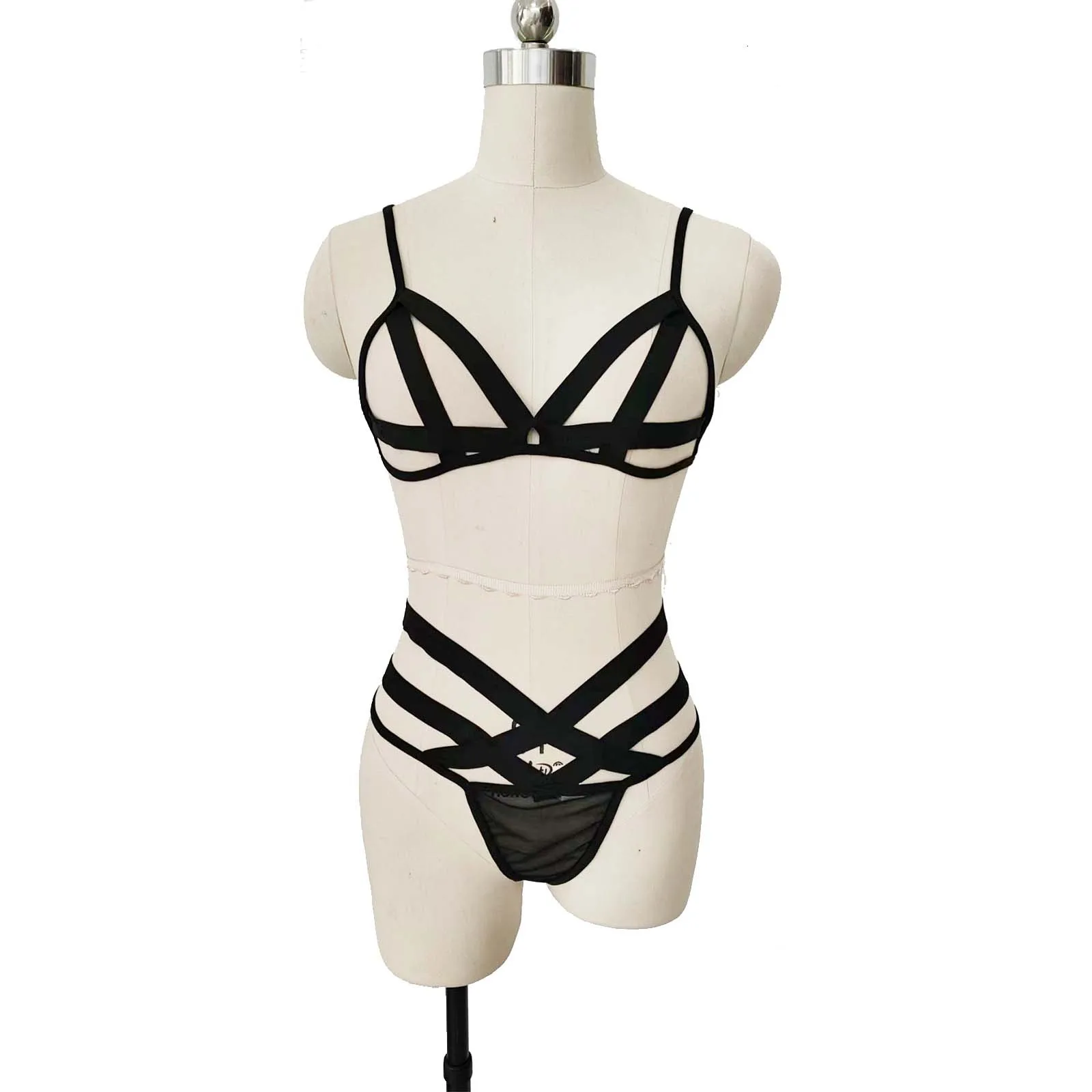

Sexy Women Bandage Lingerie Cross Strappy Bra Set Hollow Out Black Lace Transparent Open Bra Panty G-String Set Erotic Underwear