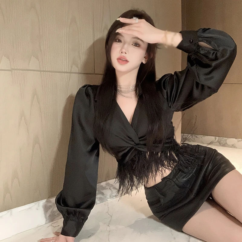 여성용 우아한 블라우스 셔츠, V넥 긴팔 코트 블라우스, 짧은 슬림 티셔츠, 편안한 실크 깃털 루즈 셔츠, 가을