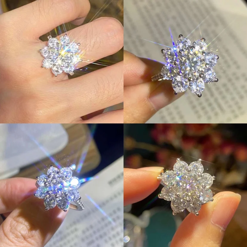Cincin Bunga Matahari Mewah Moissanite Cincin Teratai Berlian