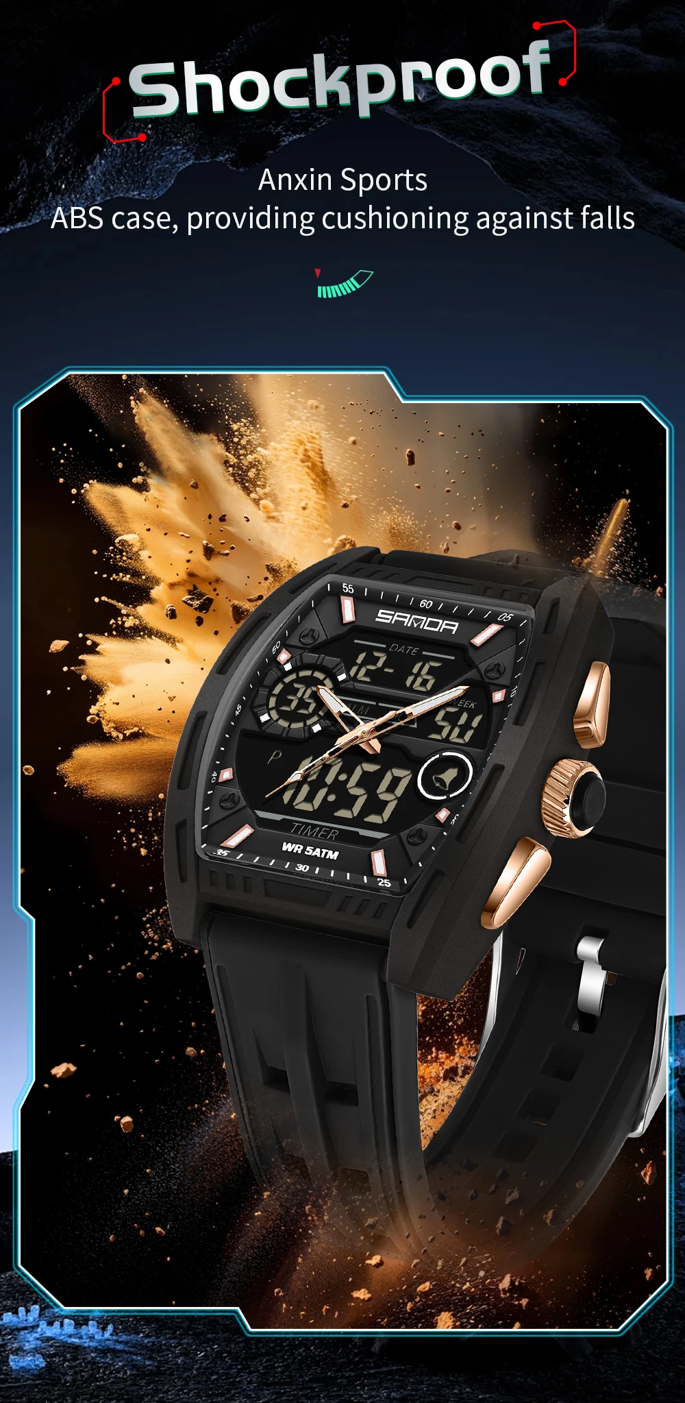 Montre numérique pour homme, double affichage, calendrier, alarme lumineuse, compte à rebours, montre électronique tendance pour homme, Reloj Hombre_voghion.com