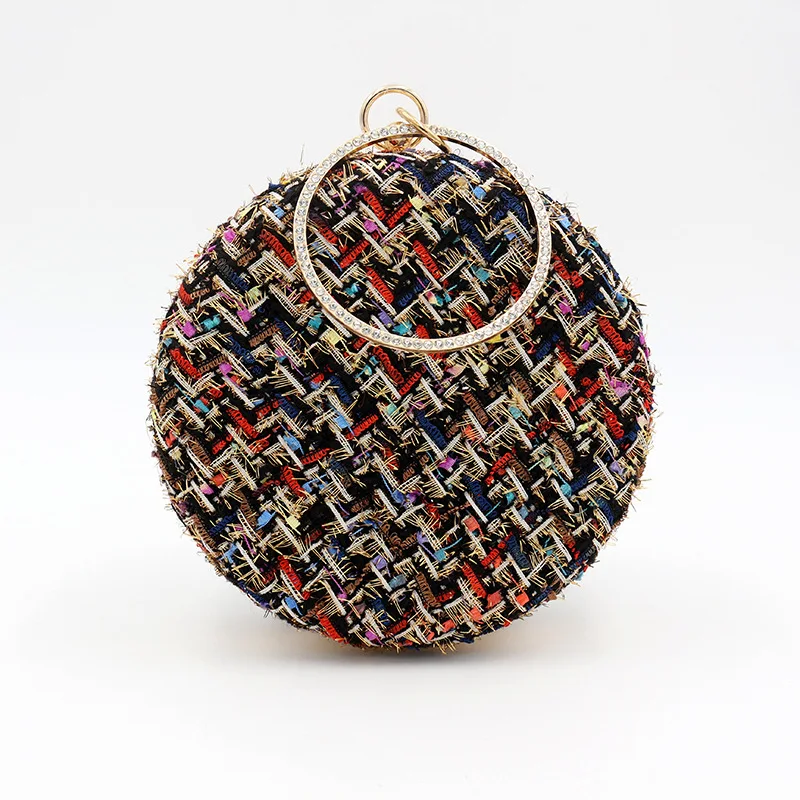 

Round Handbag Woolen Fabric Handbag For Women Shoulder Crossbody Bag Rhinestone Metal Handle Bag Festival Gift